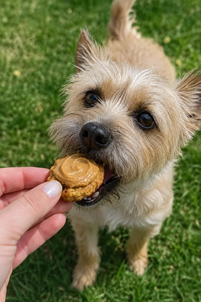 Dog enjoying sweet potato peanut butter treat homemade