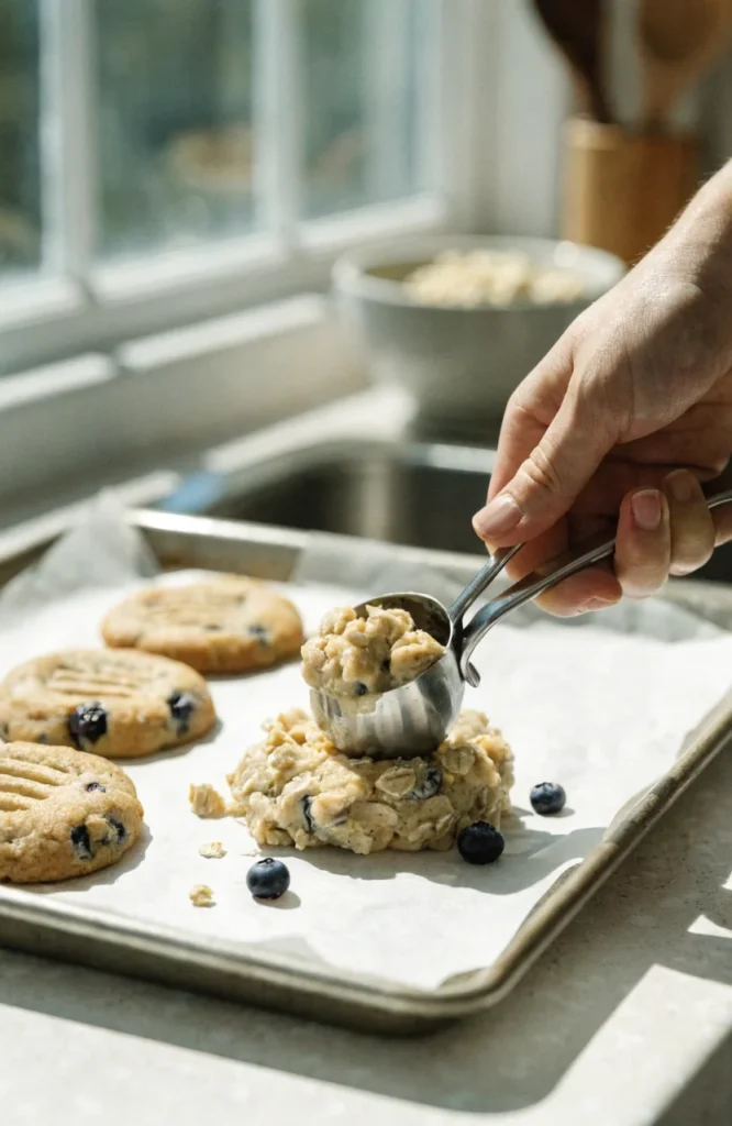 Hand scooping dough for drop-style blueberry oat dog cookies