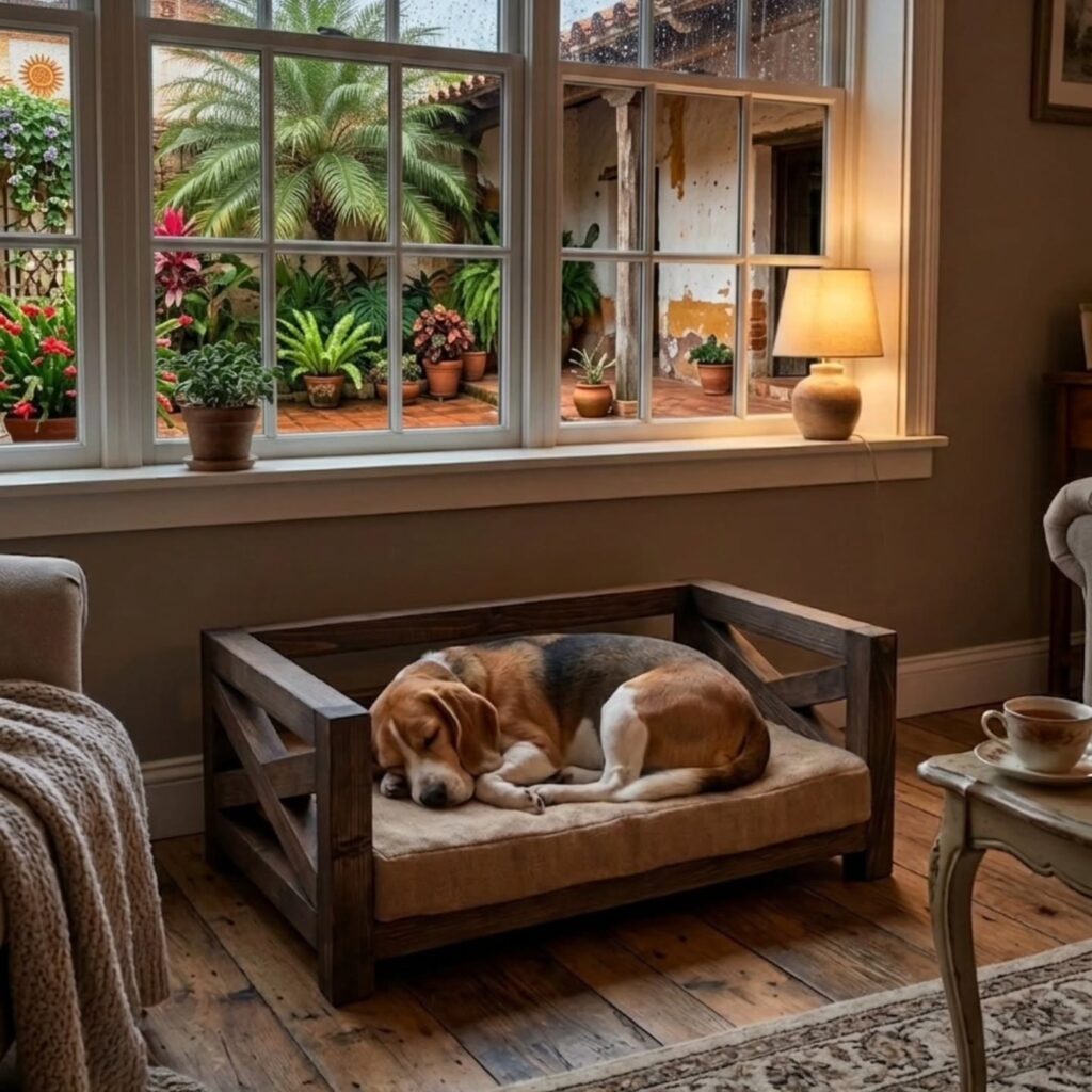 Farmhouse crossbuck wood dog bed with sleeping beagle