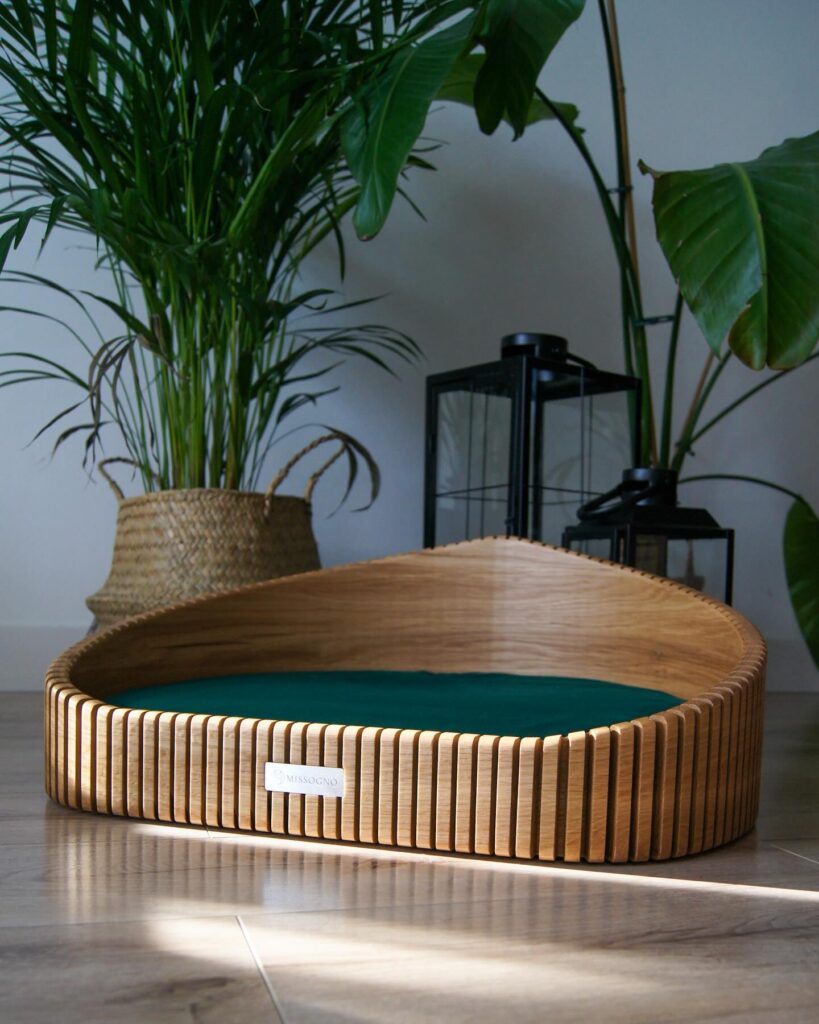 Designer wood dog bed idea with fluted tambour round design
