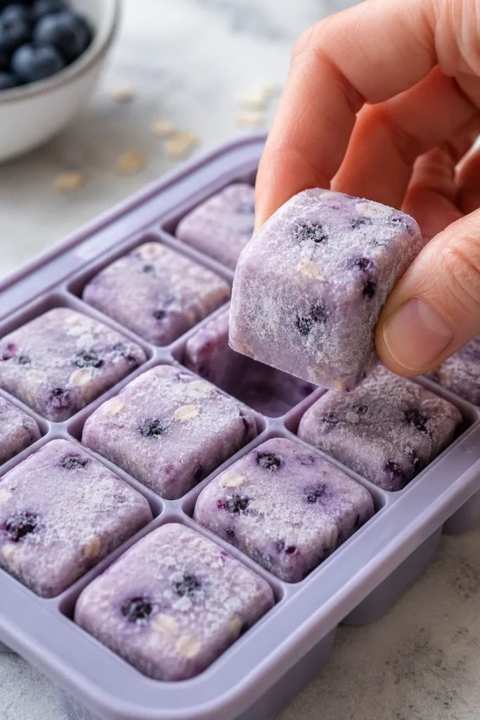 Frozen blueberry oat dog treat bites in ice cube tray