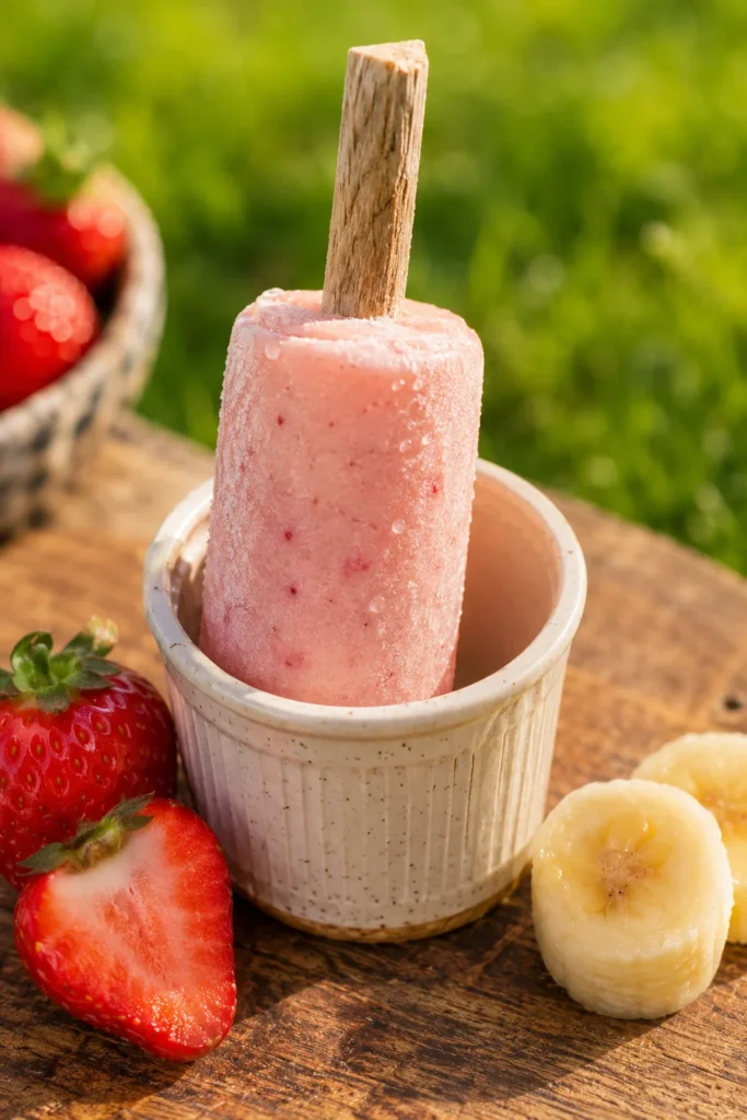 Frozen strawberry banana popsicle treat with chew stick for dogs