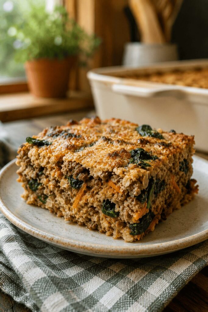 Homemade baked ground beef and oatmeal casserole recipe for dogs with sensitive stomachs