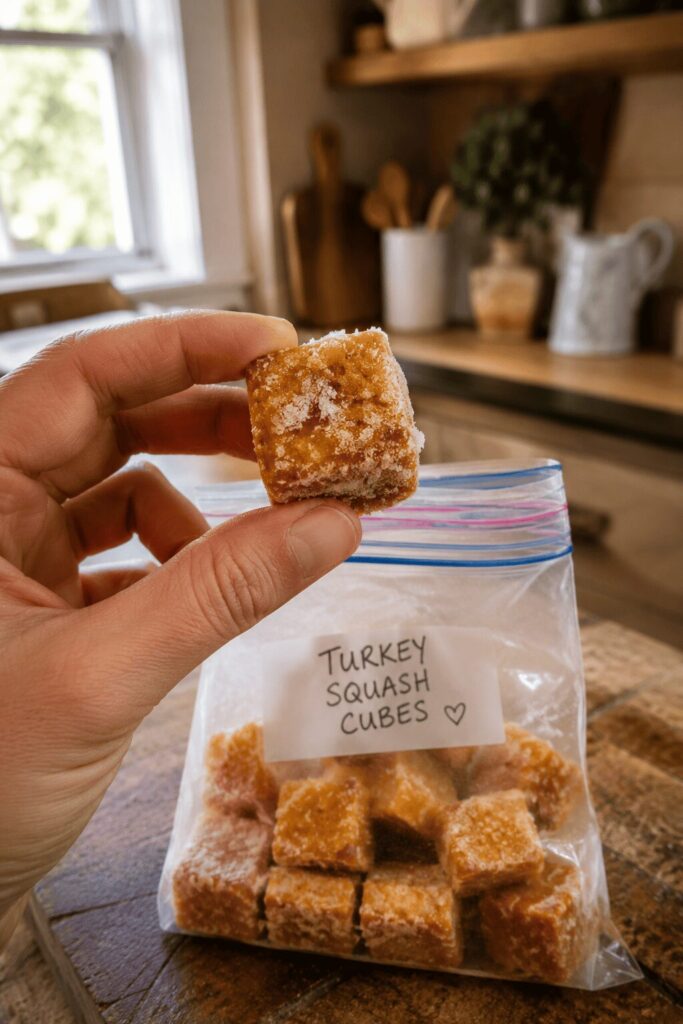 Homemade freezer-portioned turkey and squash cubes for dog food recipe