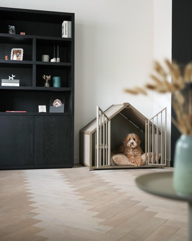 Indoor furniture style dog house with metal bar doors and cushion