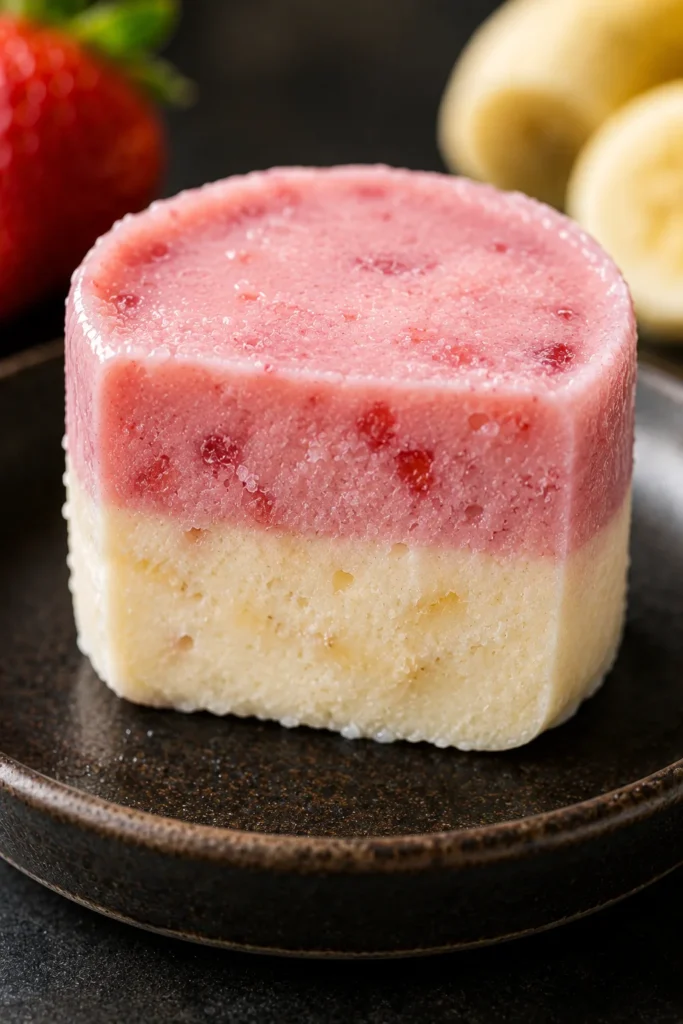 Two-tone layered frozen strawberry banana treat for dogs