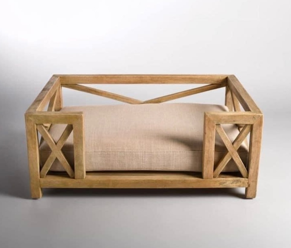 Designer wood dog bed idea with X frame side angle view