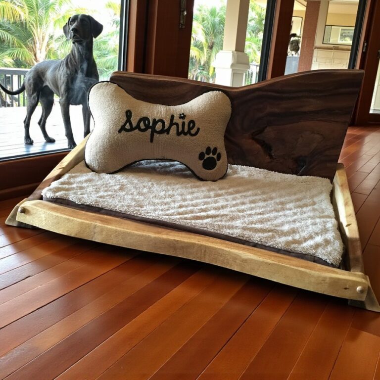 Rustic live edge wood dog bed idea with personalized pillow