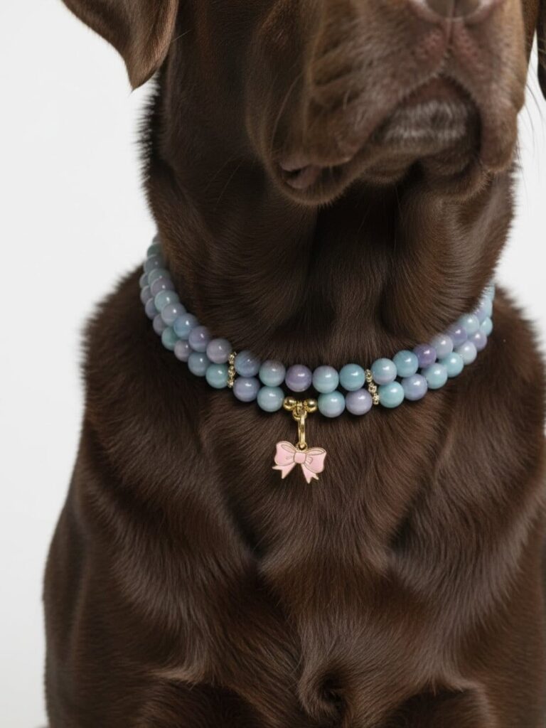 Gemstone bead dog collar with double strand and bow charm