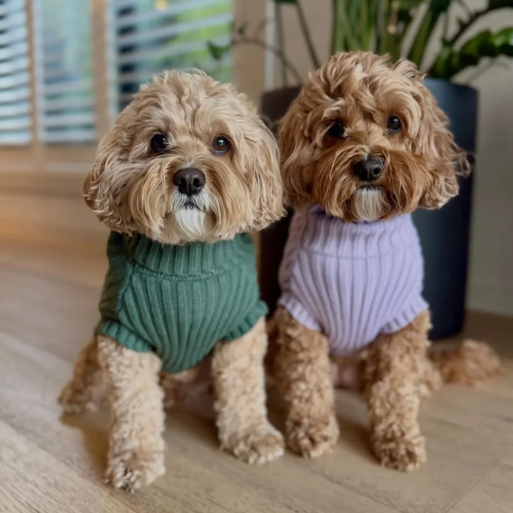 Matching no-sew dog sweaters for two dogs