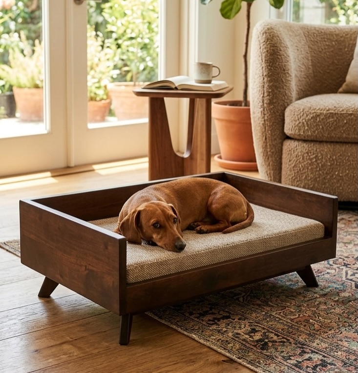 Mid century wood dog bed with tapered angled legs
