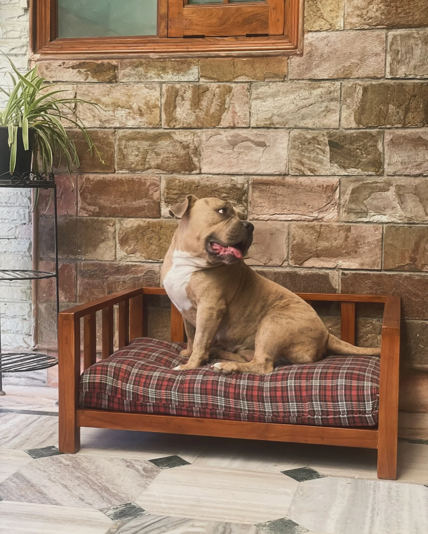 Classic mission style slatted wood dog bed with plaid cushion