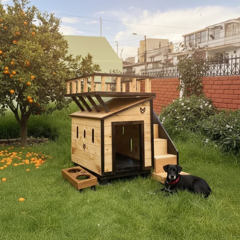 Multi level wooden dog house with rooftop deck and stairs