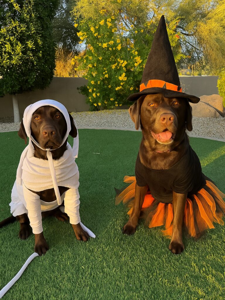 Chocolate labs dressed as a mummy and a witch, a fun dog Halloween costumes for 2 dogs pick