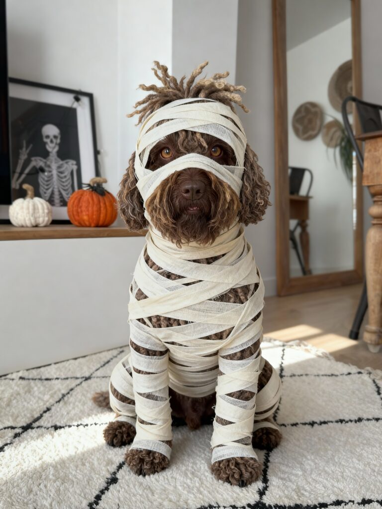 DIY dog Halloween outfits mummy wrap bandage costume