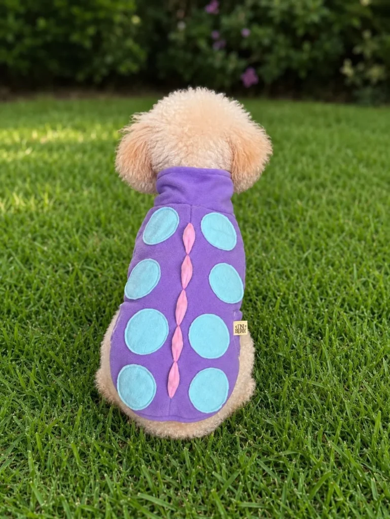 Dog wearing dino costume no-sew sweater