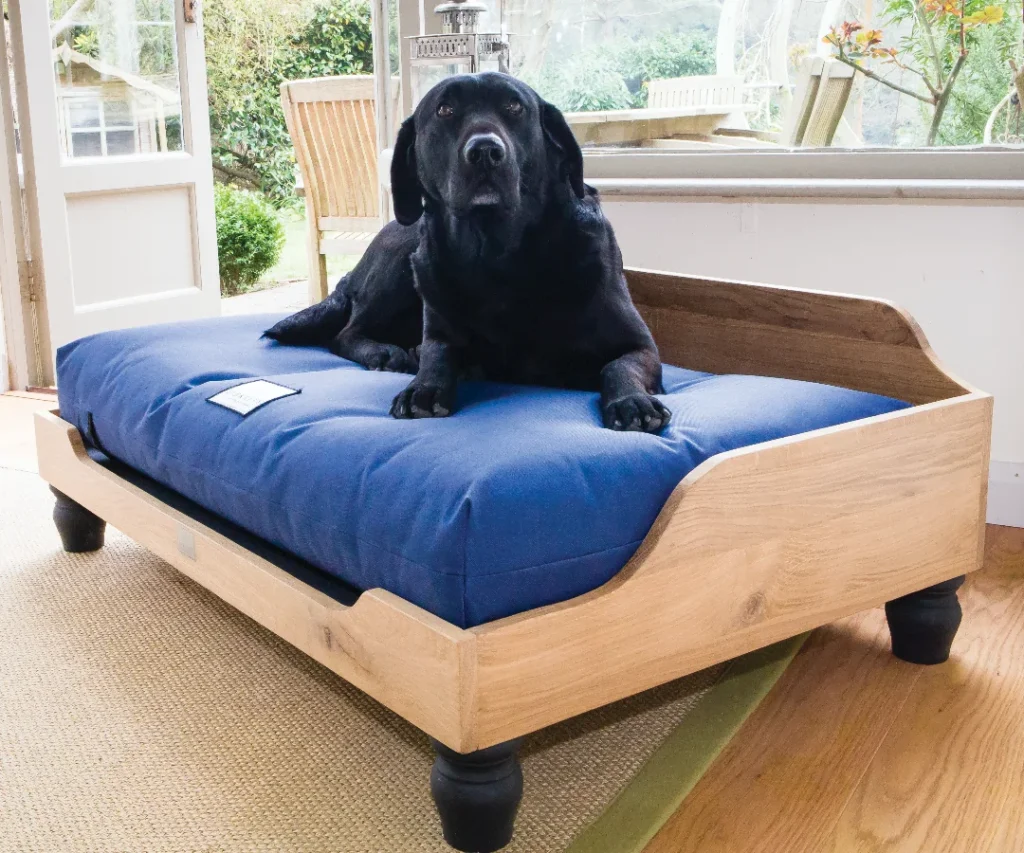 Classic oak wood dog bed idea with curved side panels