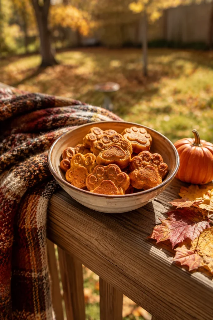 Pumpkin sweet potato dog treats homemade on porch