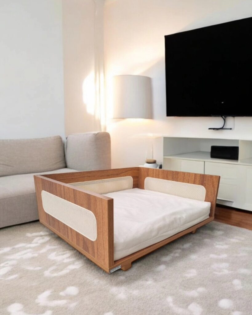 Rattan and cane panel wood dog bed with walnut frame