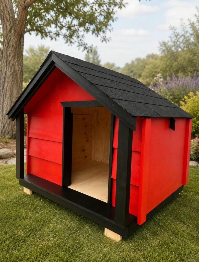 Bold red and black painted wooden dog house design