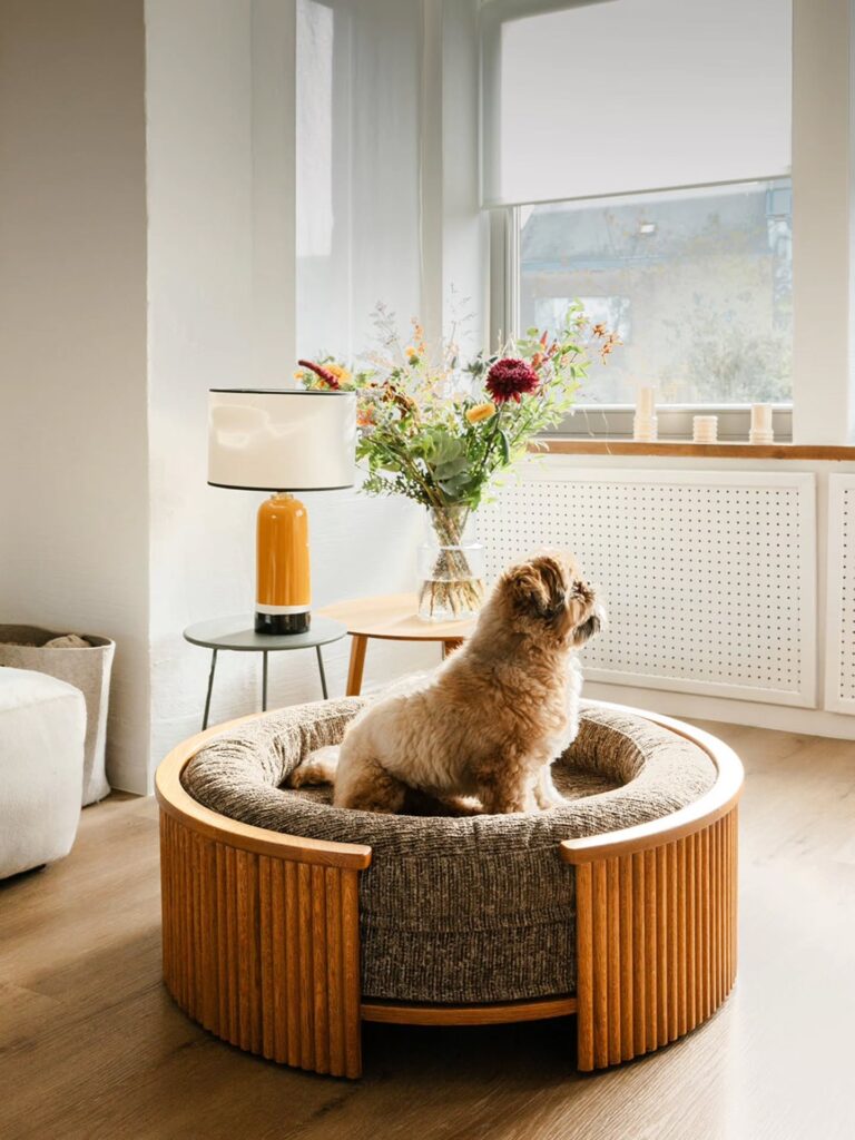 Wood dog bed ideas with round fluted honey oak finish