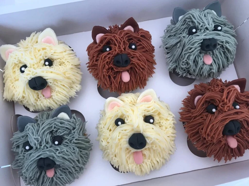 Dog birthday cupcakes recipes styled as shaggy dog face with fondant details