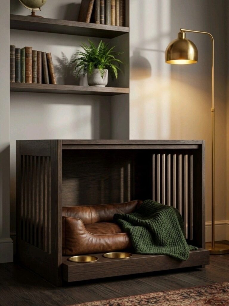 Slatted luxury wood dog crate with leather cushion and brass bowls