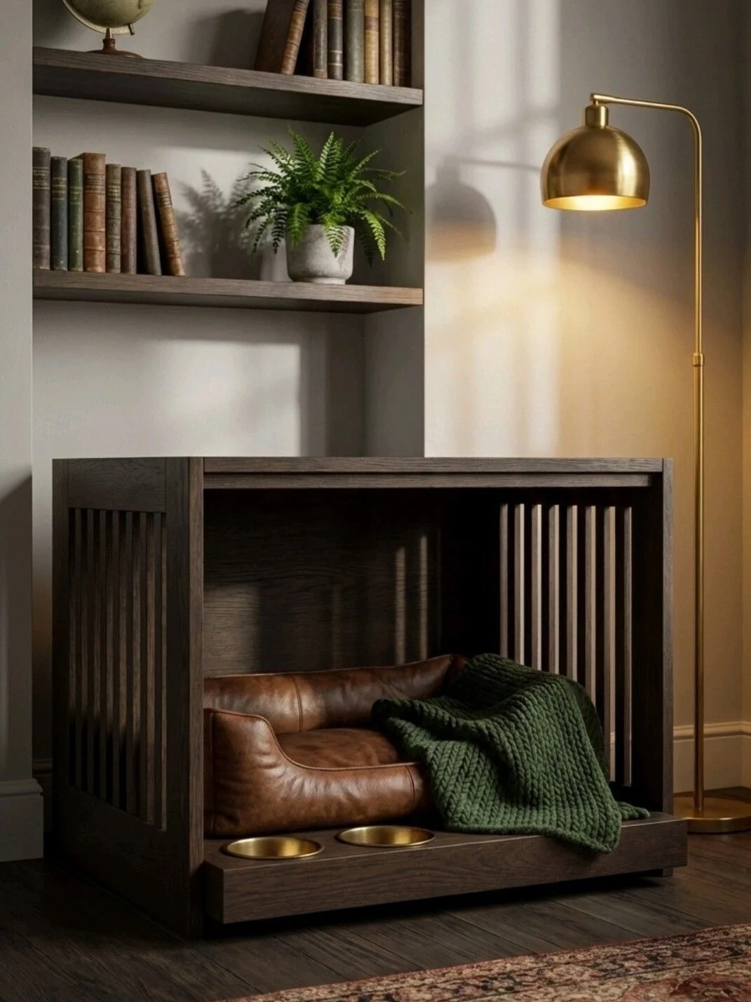 Slatted luxury wood dog crate with leather cushion and brass bowls