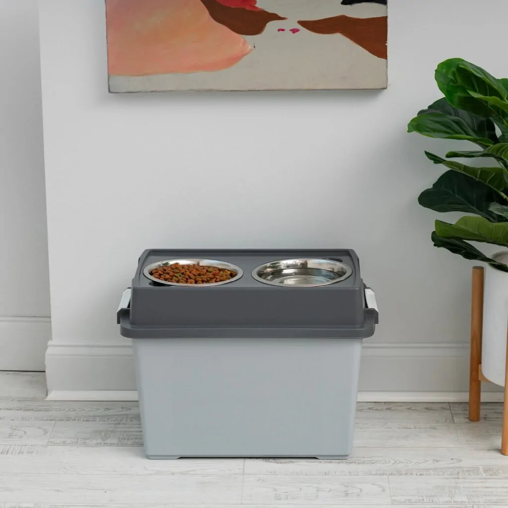 Storage bin dog feeder idea with built in bowls