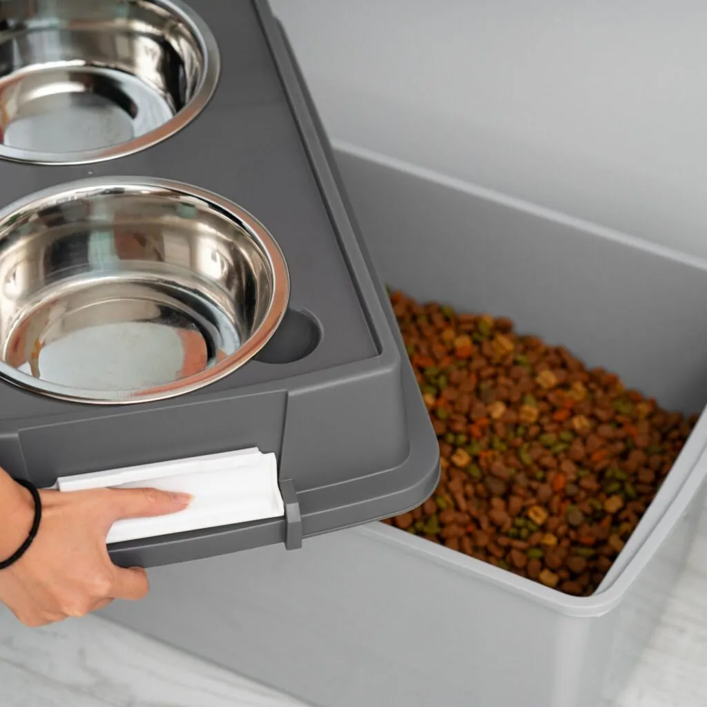 Dog feeder storage bin drawer with kibble refill