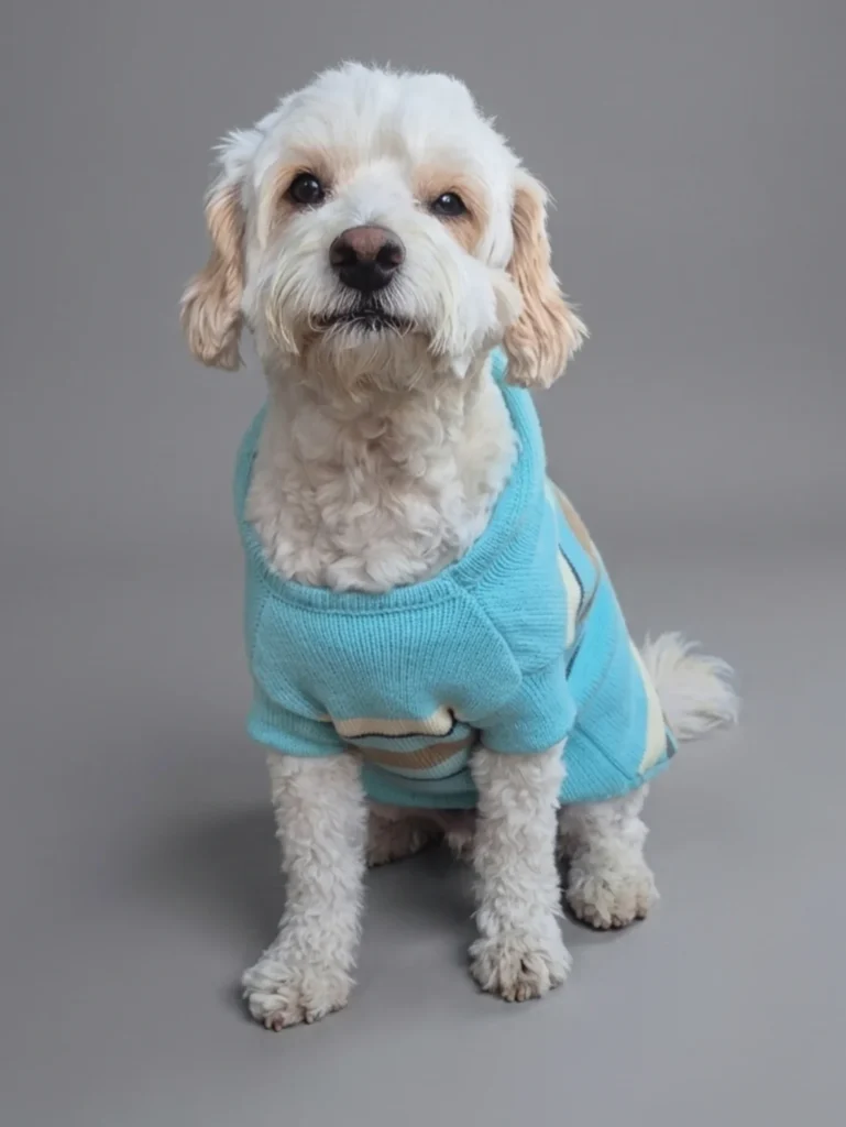 Blue and tan striped dog hoodie sweater