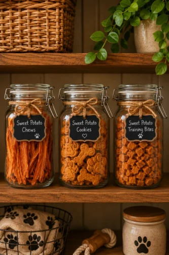 Sweet potato dog treats homemade variations stored in jars