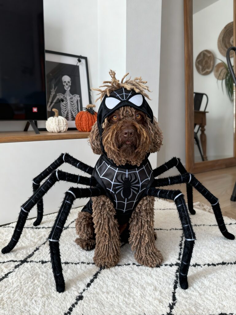 Dog vampire costume with cape and round glasses