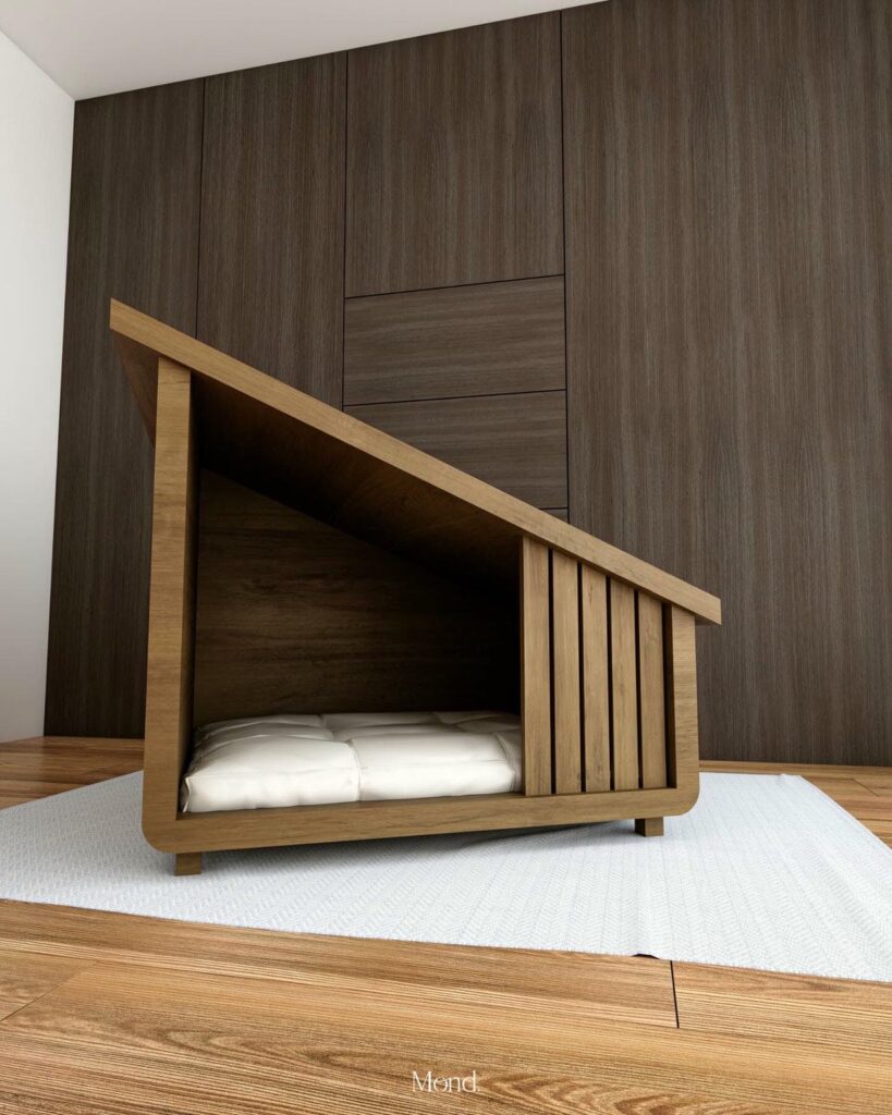 Sculptural walnut wood dog house shaped like furniture