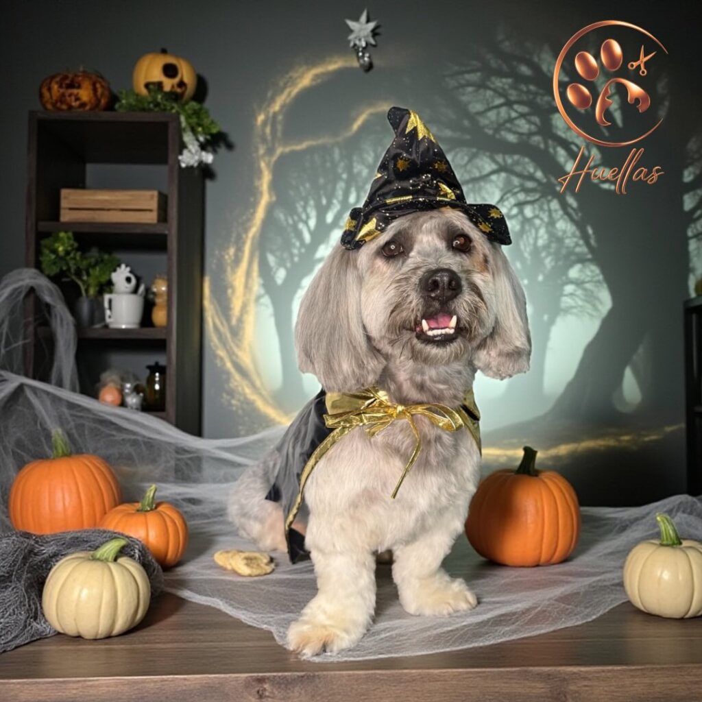Small dog witch costume with gold bow accent