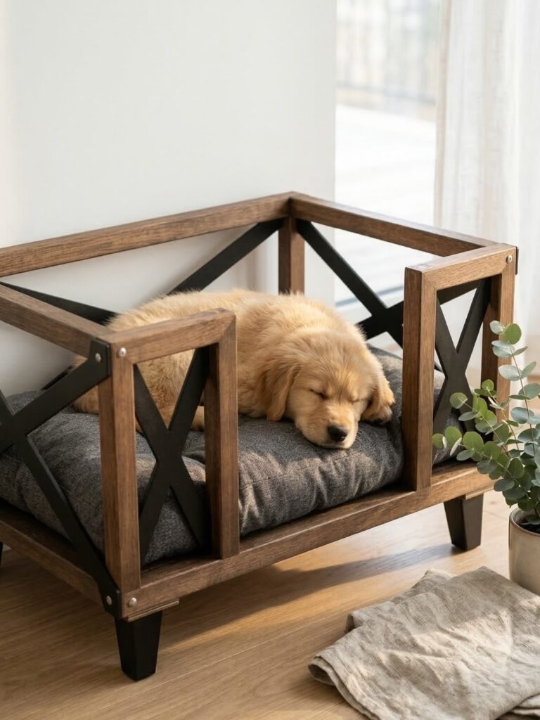 Wood dog bed idea with X frame crossbuck design for puppy