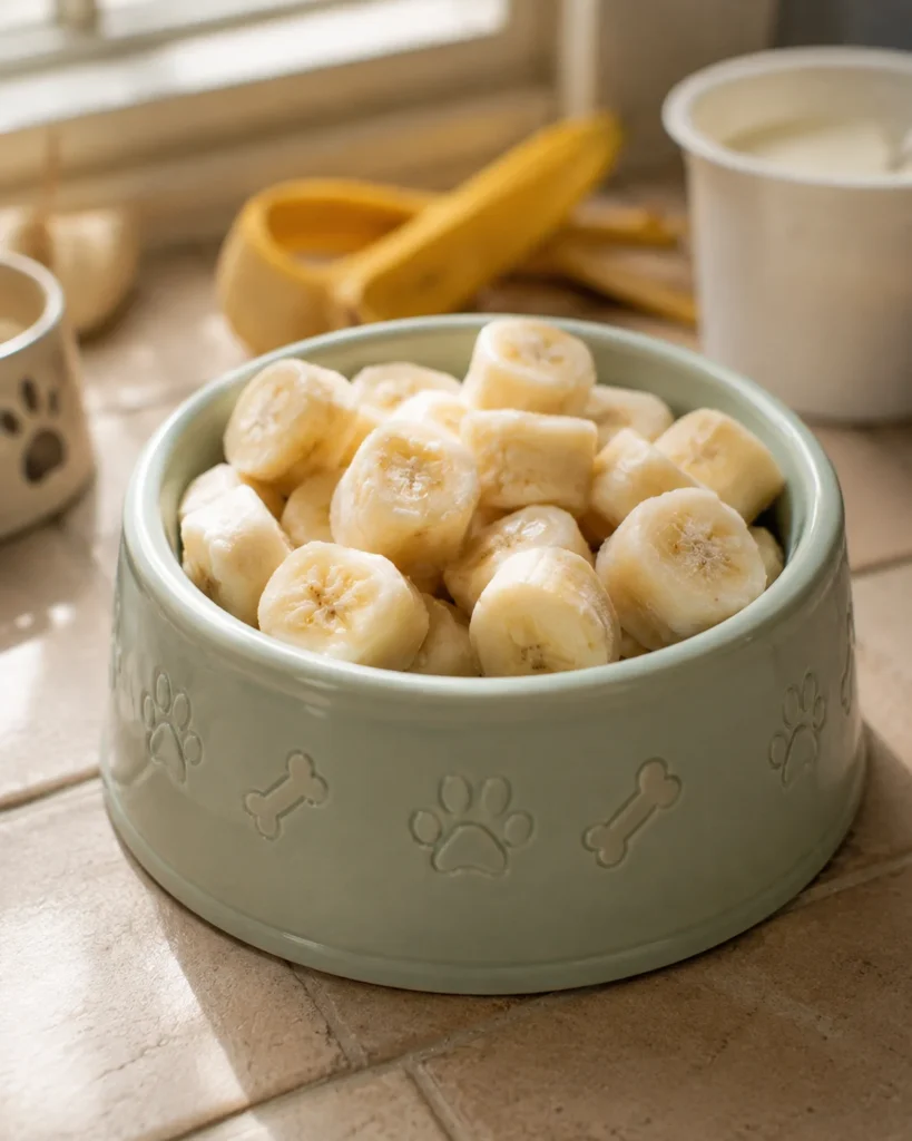 Frozen banana yogurt calming treats in a dog bowl
