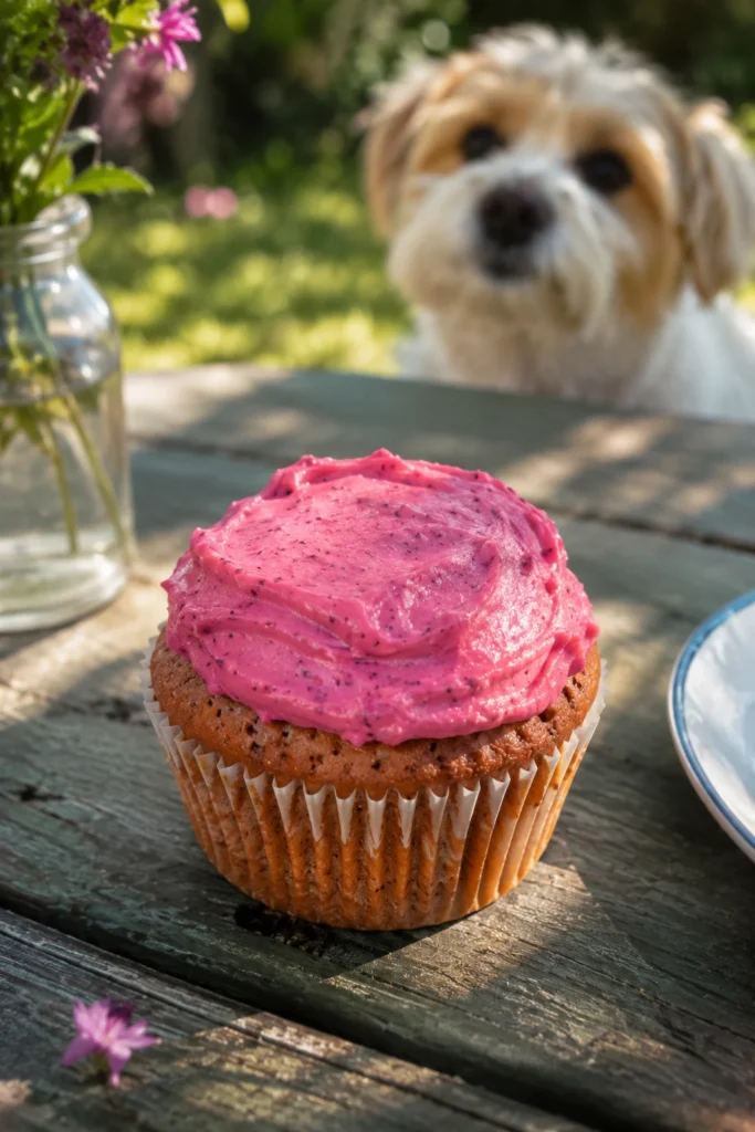 Pink beet powder frosting on a homemade pupcake