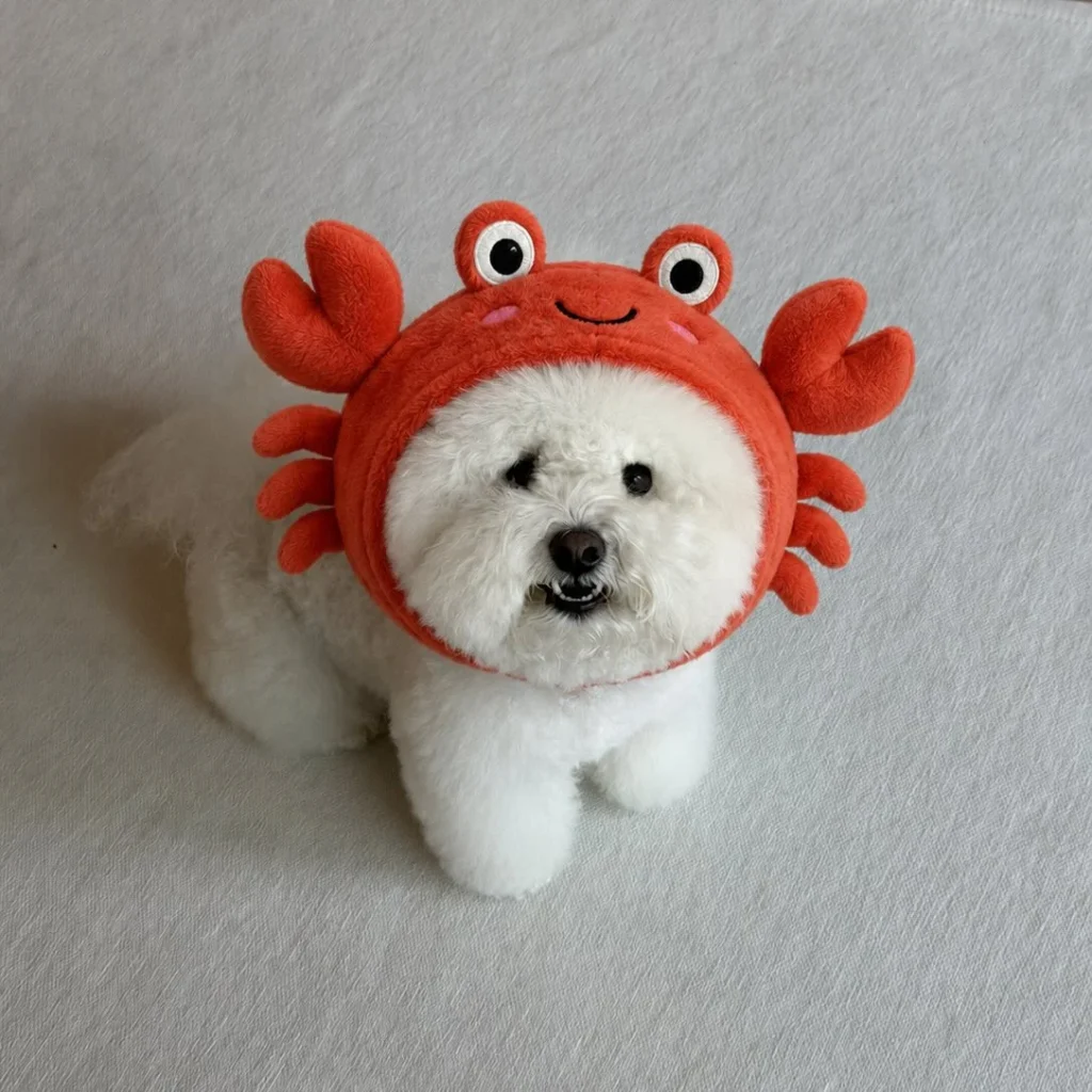 Adorable Dog Hat Ideas: fluffy Bichon wearing a plush orange crab hood