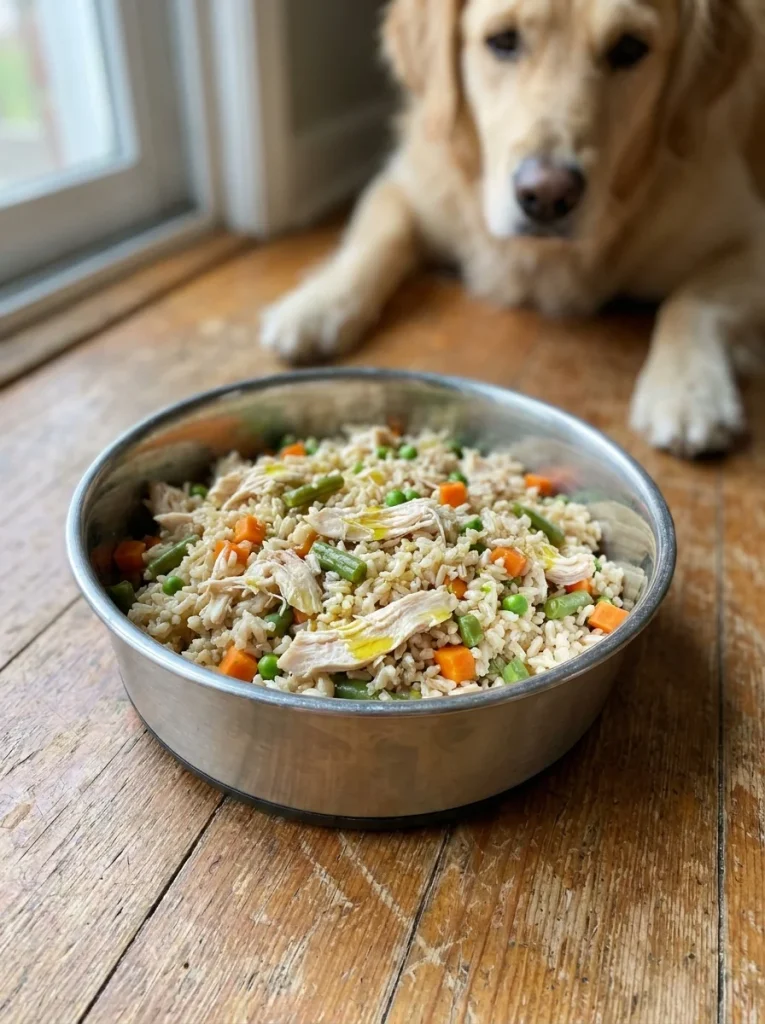 Homemade dog food recipe for large breeds with chicken and rice