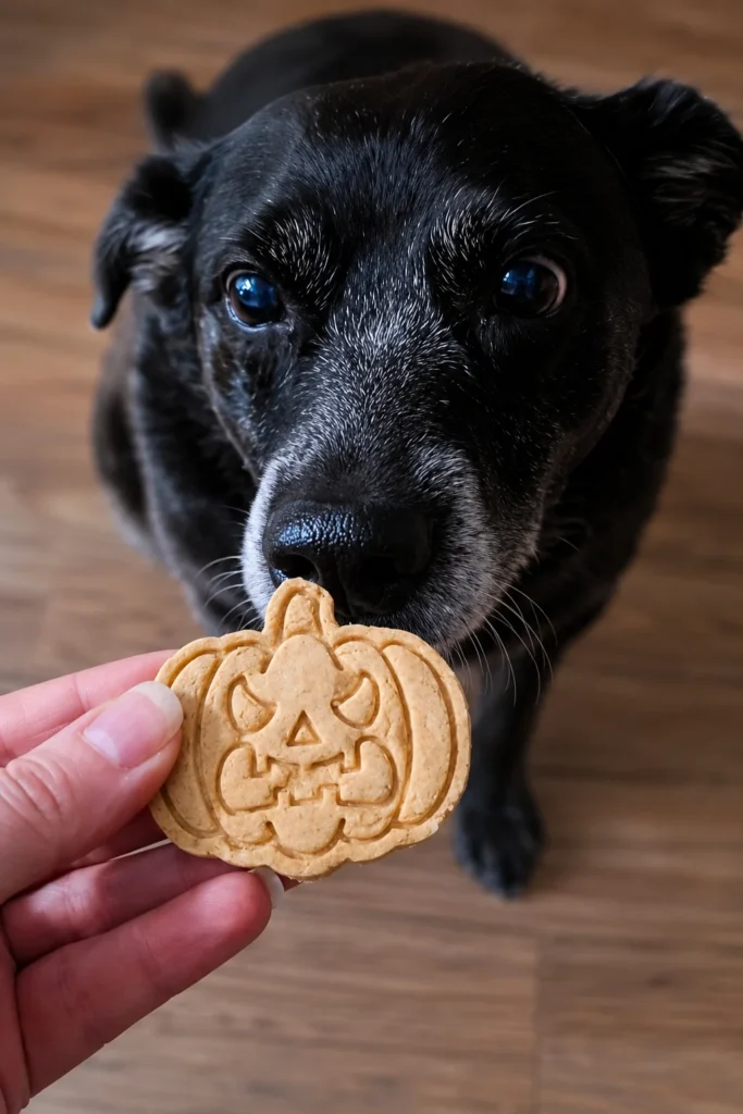 Black dog holding harvest pumpkin biscuit