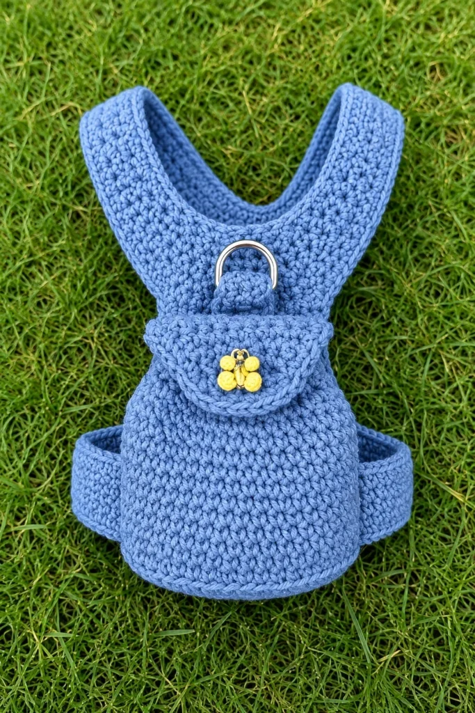 Blue crochet dog backpack harness with mini pouch and D ring detail