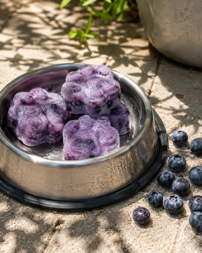 Frozen blueberry calming dog treats served on a hot day
