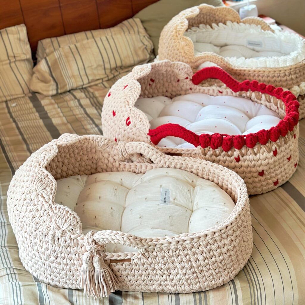 Crochet dog bed patterns with braided handle in boho style