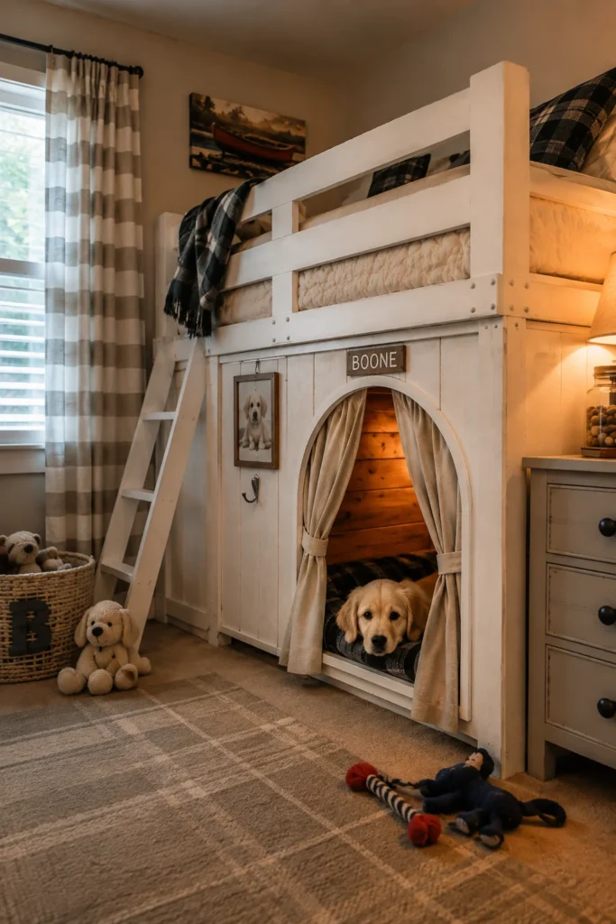 Bunk bed with an enclosed dog den underneath for pets