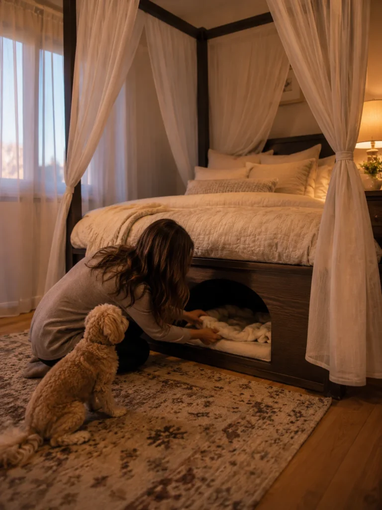 Canopy bed with a dog hideaway during evening wind down