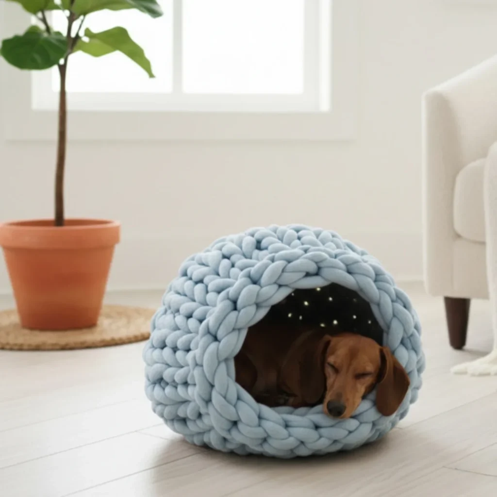 Chunky yarn crochet cave bed shaped like a cozy cocoon