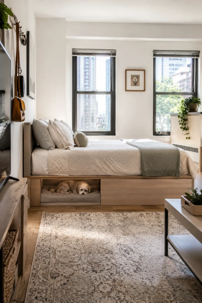 Compact bed with a small-space dog nook for apartments