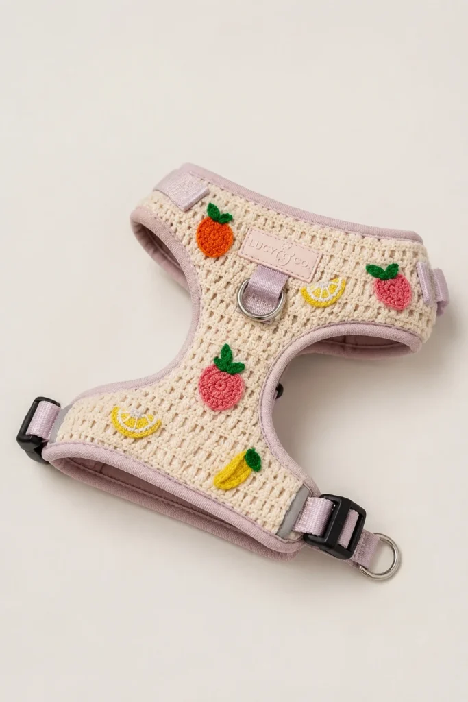 Cream mesh crochet dog harness pattern with colorful crochet fruit appliques
