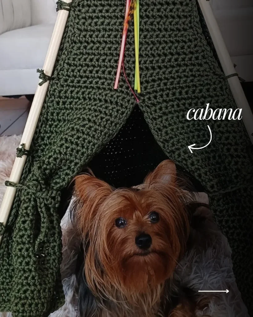 Handmade crochet dog teepee bed in green cabana style
